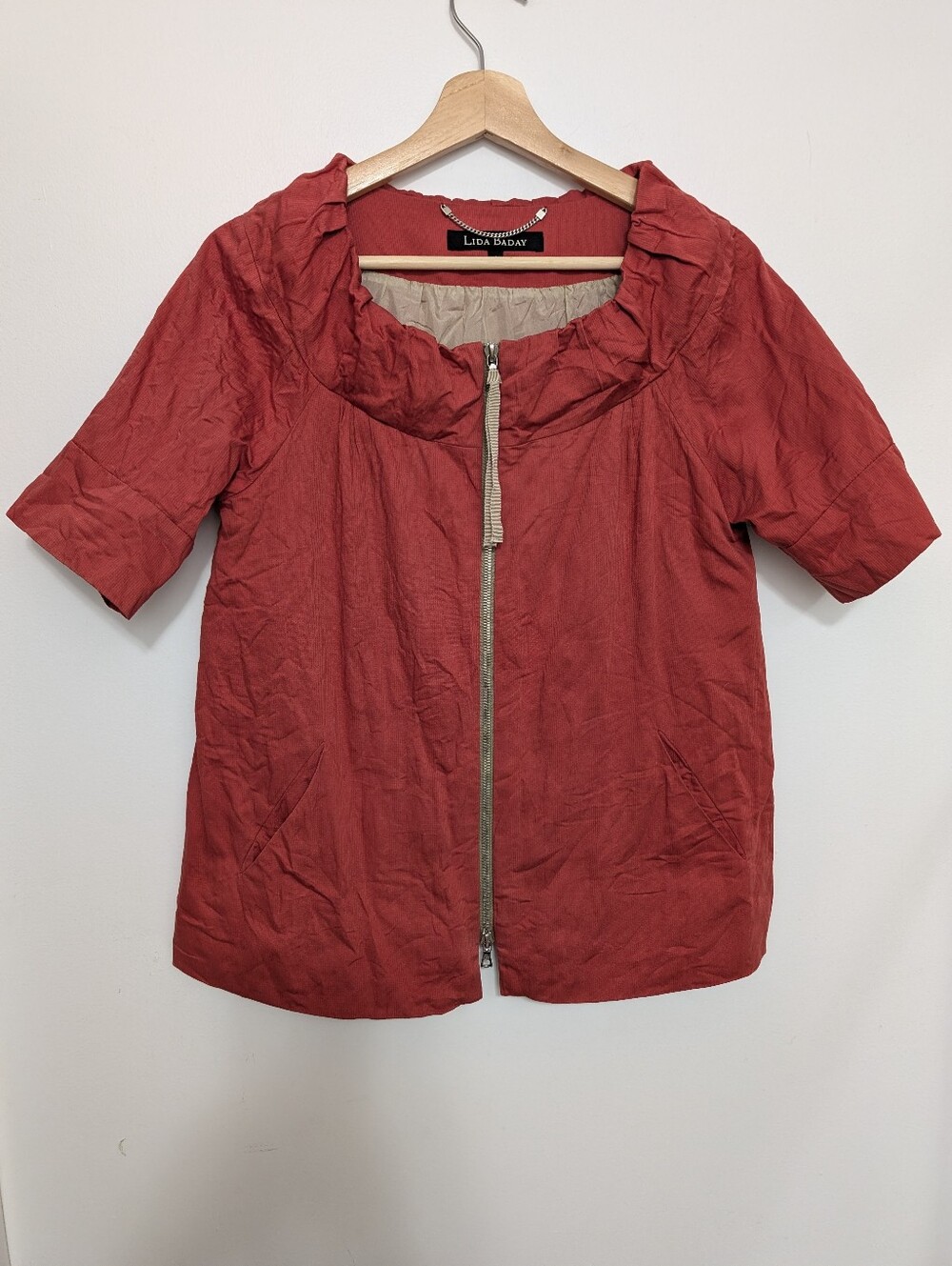 Lida Baday Cotton Medium Zip Up Casual Jacket Short Sleeve Silk Shirt Orange